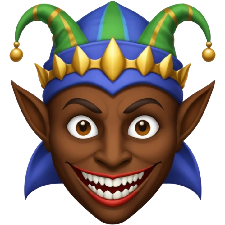 Dark brown skin medieval jester with white eyes and fangs emoji