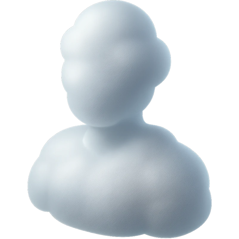 person made entirely of white fluffy convex clouds, shoulder up, front view, matte glass style emoji