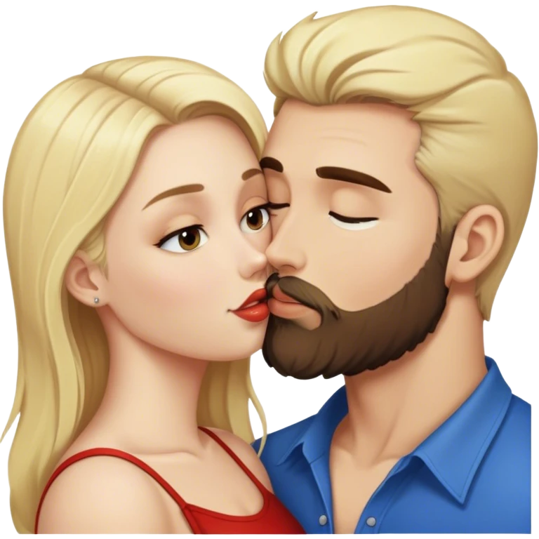 Blonde woman kissing brunette man with beard emoji