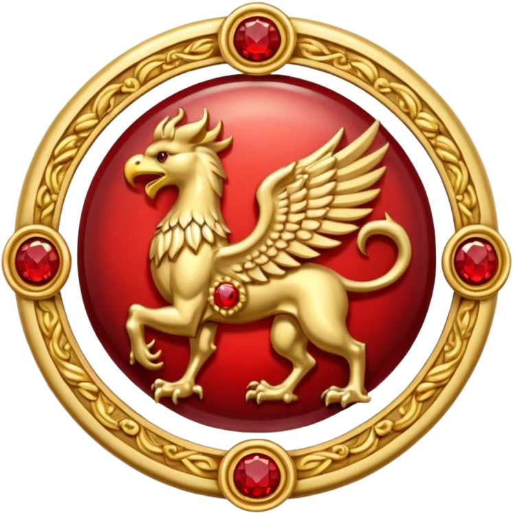 Golden griffin crest / brosch in a circle with red gems and no background emoji