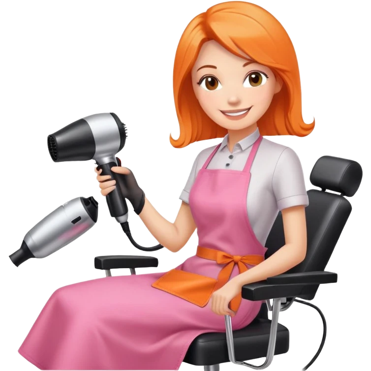 smiling woman client in pink apron sitting in salon chair, female hairstylist smiling behind her with orange apron, holding a hairdryer in right hand emoji