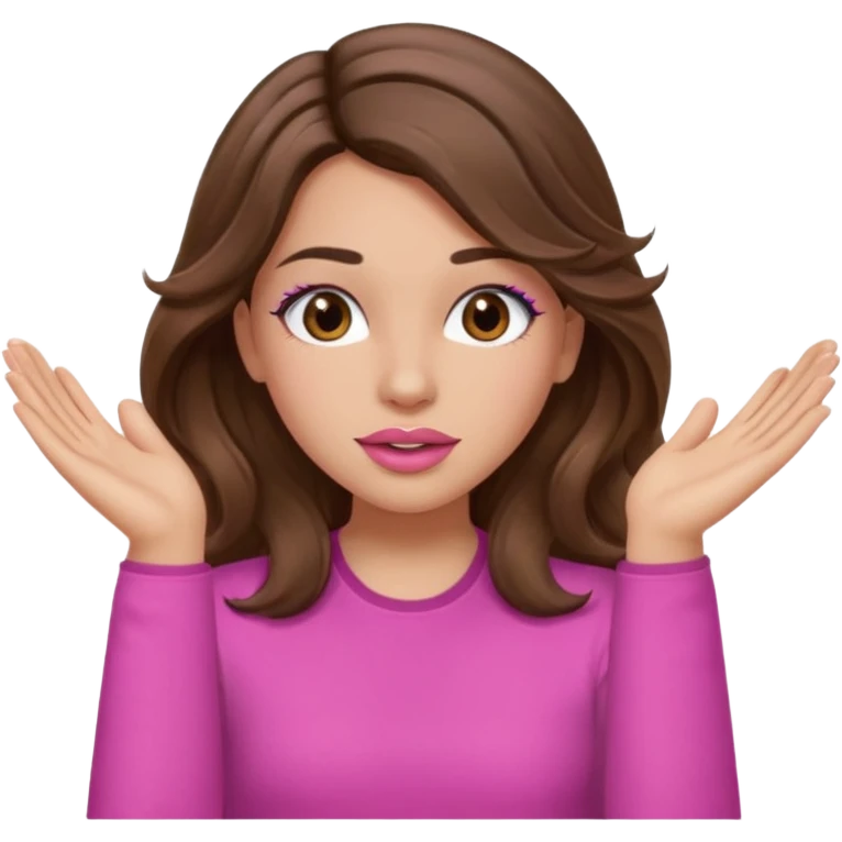 girl with long wavy brown hair, brown eyes, light to medium complexion, in a pink shirt, pink lips, long lashes, puckered lips, both hands in teh air emoji