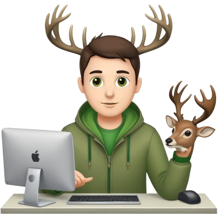Guy works at computer with deers antlers, green clothes, brown eyes  emoji