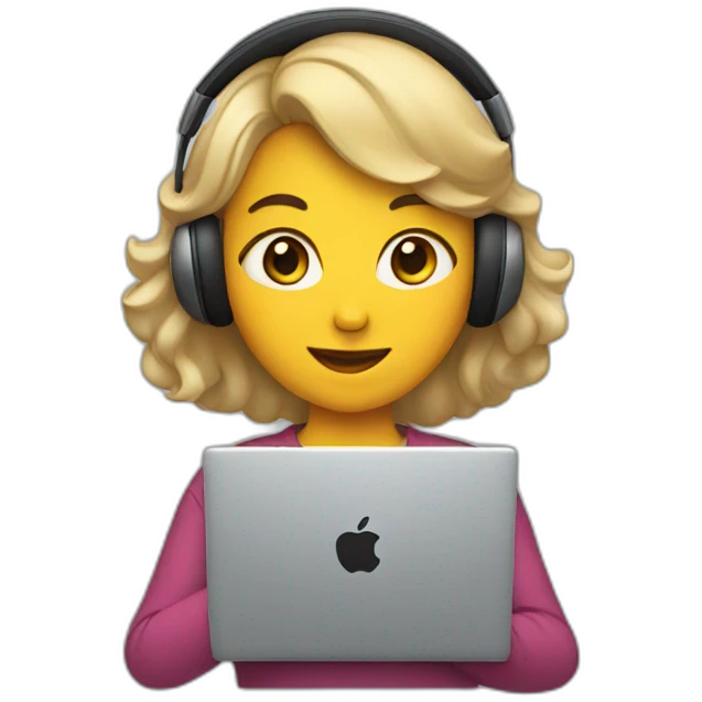 a woman with a laptop and apple headphones emoji