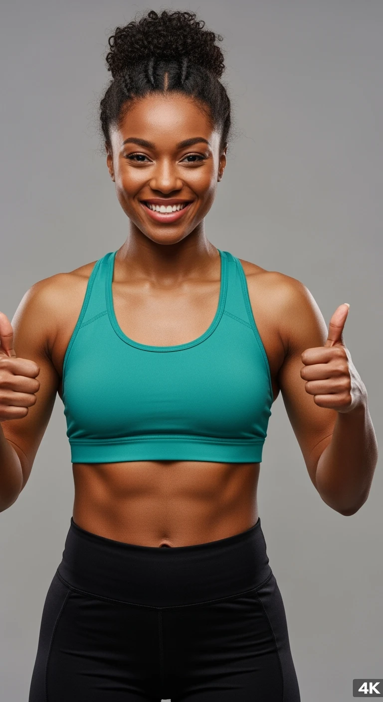 DONNA FITNESS FELICE CON POLLICI ALZATI, IPERREALISTICA 4K, SENZA SFONDO emoji