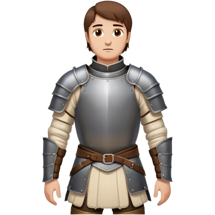 medieval battle armor worn by a DnD themed fantasy character. basic heavy plate cuirass over a padded gambeson with a high steel collar. armor only above the waist. The armor full waist. The character's haven't arms. character is brown hair brown eyes short straight hair white man. emoji