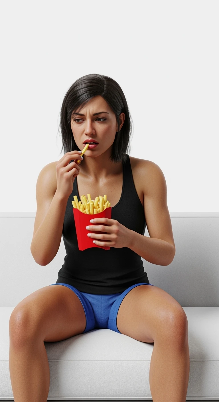 DONNA FITNESS ITALIANA STRESSATA CHE MANGIA PATATINE SUL DIVANO, IPERREALISTICA 4K, ISOLATA SU SFONDO BIANCO emoji