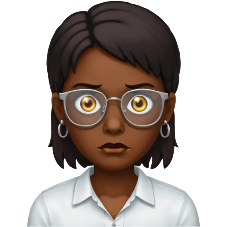 A zombie wearing a white shirt, dark skin, medium-length dark hair, earrings, and glasses, on a white background, facing forward. emoji
