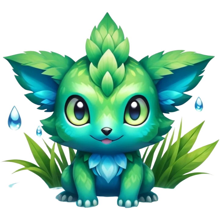 Elemental grass-type-water-type magical colorful exotic animesque Pokémon-Fakémon-animal-creature emoji