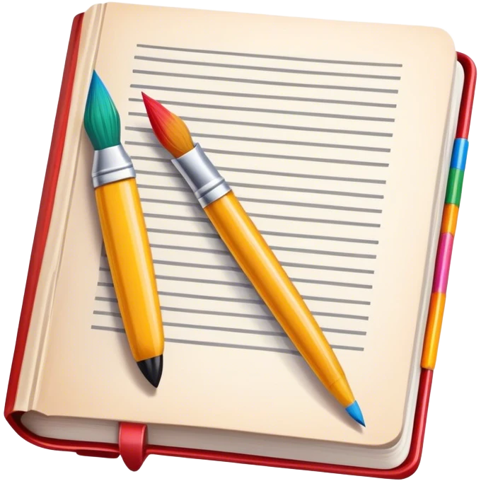icon for Illustration hobbie, paintbrush and pencil under book's illustrated page, there's a colourful picture on the page, simple lines, minimalistic style, transparent background. emoji