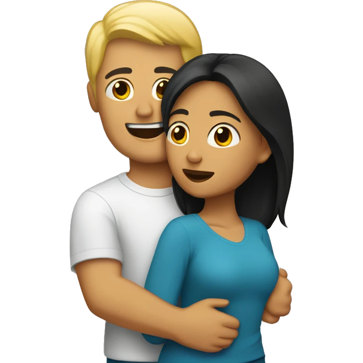 Blond man and hispanic woman hug each other emoji