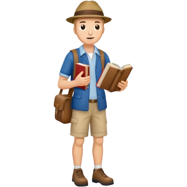 confused tourist full body, normal clothes, with a German dictionary emoji