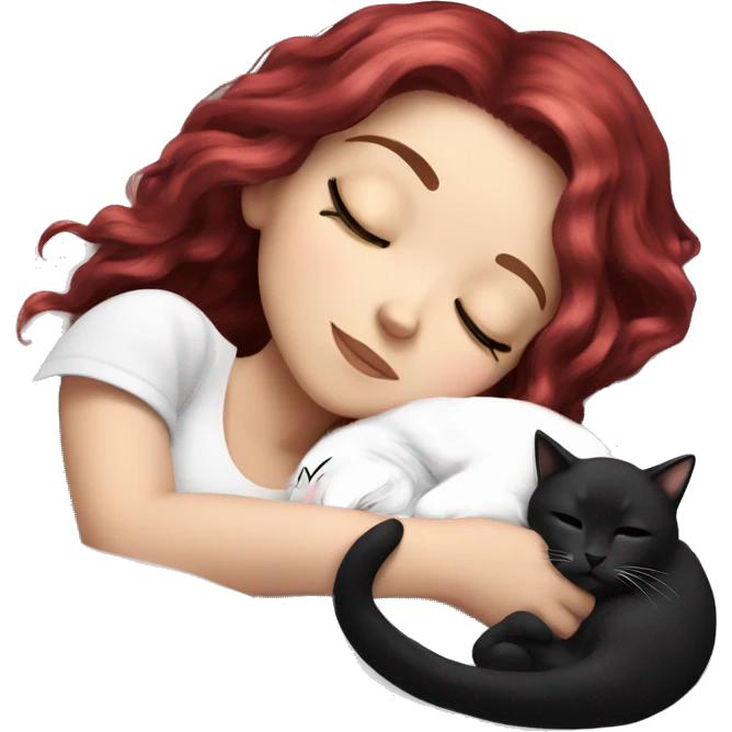 White girl ruby hair sleeping with black and white kitty emoji