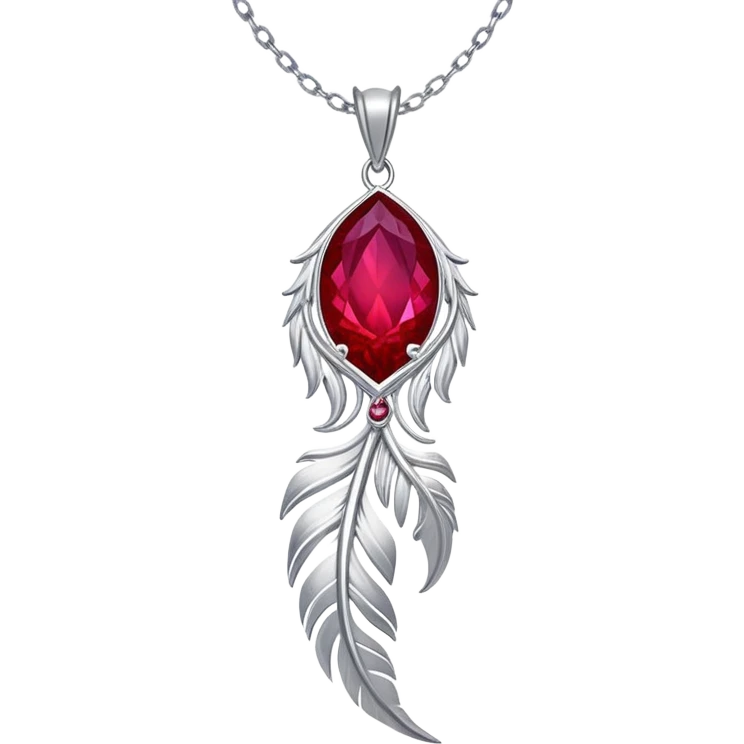 phoenix feather-inspired ruby pendant with cosmic aura, deep red glow, silver chain flowing like water, feather-like textures emoji