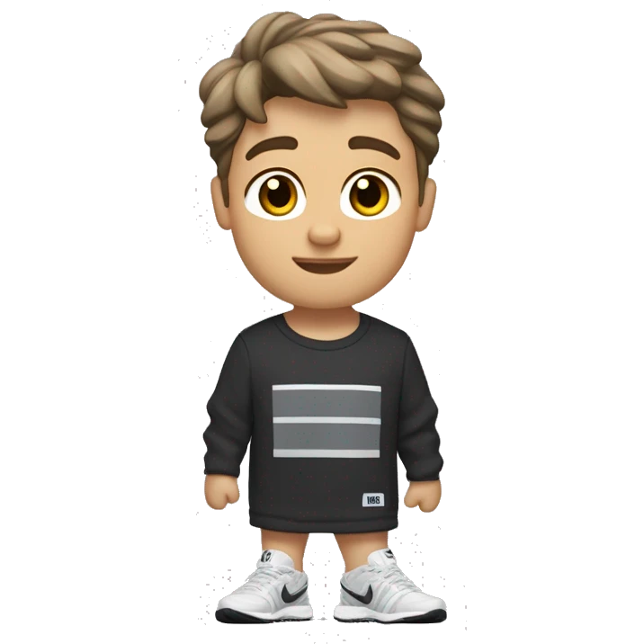 A very little tanned white boy with brown hair is very important that he has brown hair, short and a little wavy, with New Balance 1906R Grey, white Nike socks, a black Nike running jogging and a black Under Armour t-shirt. emoji