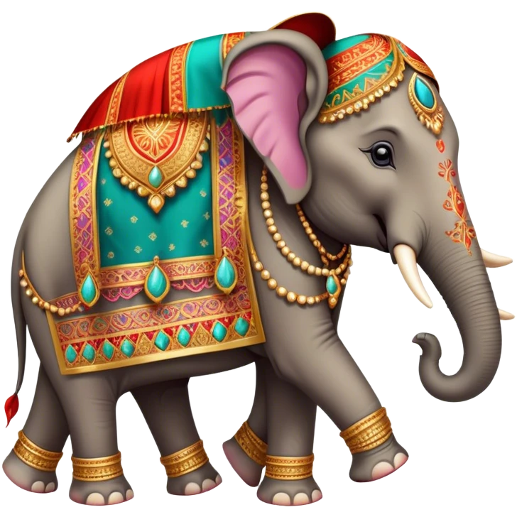 Decorated Indian elephant – Cinematic Realistic Decorated Indian Elephant, depicted as a majestic elephant adorned with vibrant, ornate ceremonial decorations and rich, colorful fabrics, set against a festive Indian backdrop with warm golden lighting that highlights its cultural significance. emoji