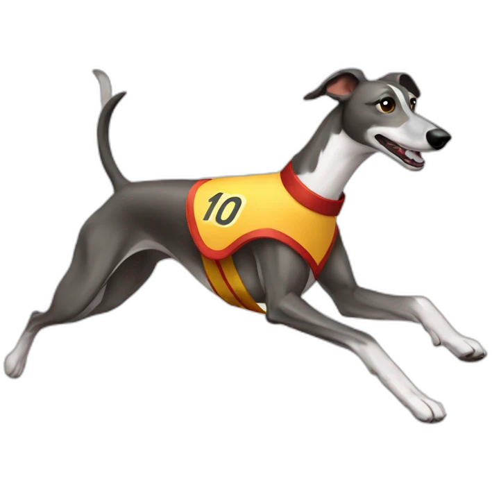 Greyhound running with sash with number  emoji