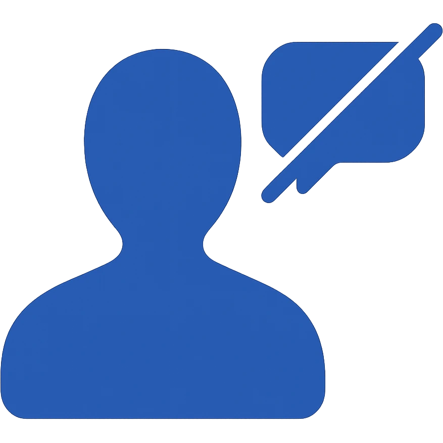 Disengaged user silhouette with a crossed-out chat bubble in minimal modern icon style, blue color variation, no background. emoji