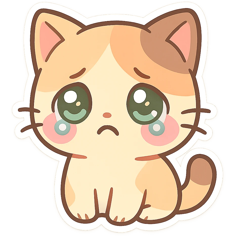 kawaii chibi-style cat emoji with pastel orange and brown cream fur, anime-style sad expression, sparkly green eyes, blushing cheeks, pastel color palette, soft rounded design, vector art emoji