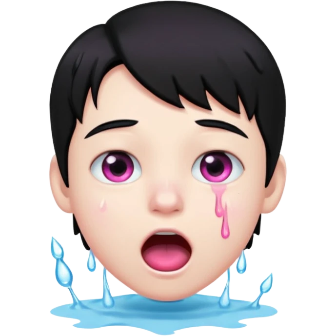 Boy with black hair, pink eyes rolled back, mouth open , water drop dripping from lips emoji