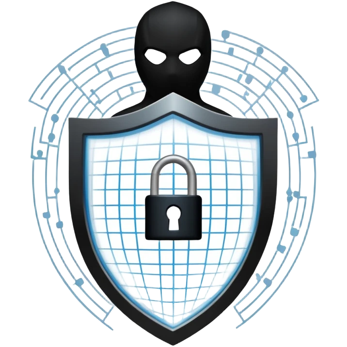 An icon featuring a shield with a padlock, a digital network grid, and binary code, symbolizing cybersecurity. The design includes a hacker’s silhouette, a firewall, and encrypted data flow, representing protection against cyber threats. Transparent background highlights digital security. emoji