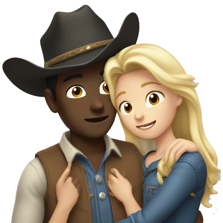 girl with blonde hair and a cowboy hat hugging a dark skinned guy with long black hair and a cowboy hat emoji
