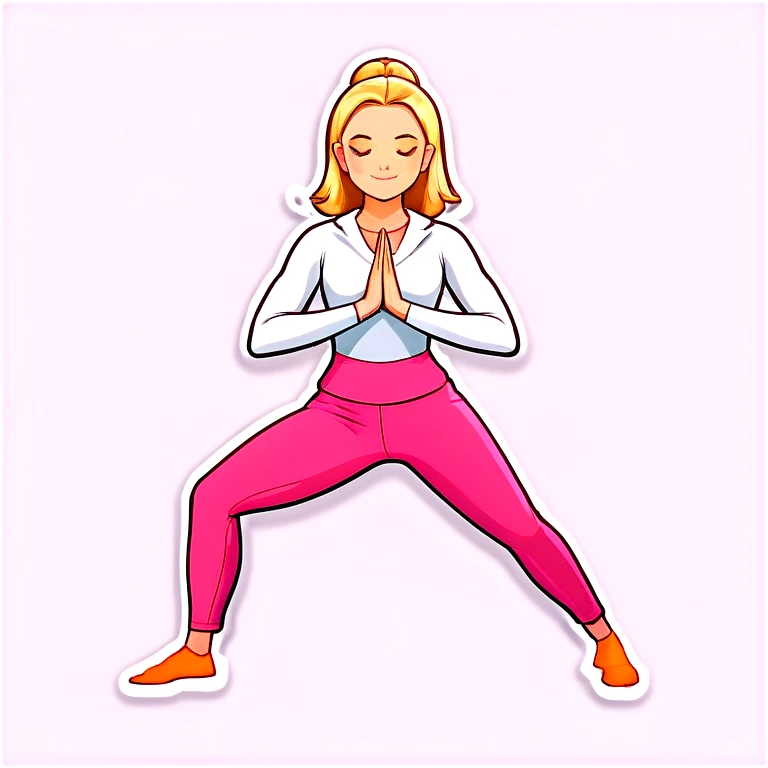 Woman with blonde hair with split in the middle and waist-length hair, honey-colored eyes, doing yoga with a pink suit emoji