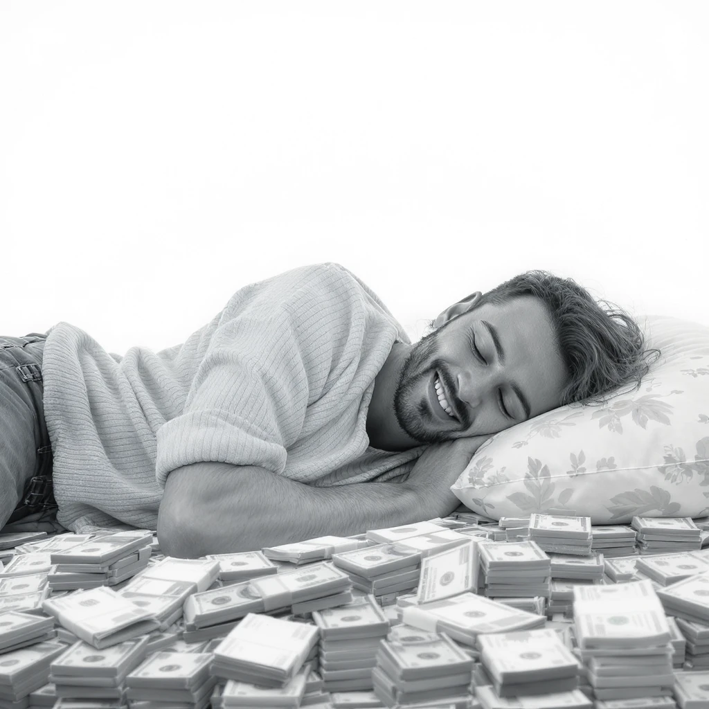 happy person napping on mattress of money emoji
