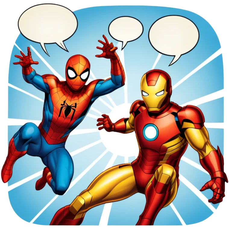 Icon for Vintage Comics and Manga: an open comic book with retro Marvel-style artwork, featuring iconic superheroes like Spider-Man and Iron Man, with speech bubbles and action lines. The icon should capture the dynamic and colorful nature of classic comics and manga. Transparent background. emoji