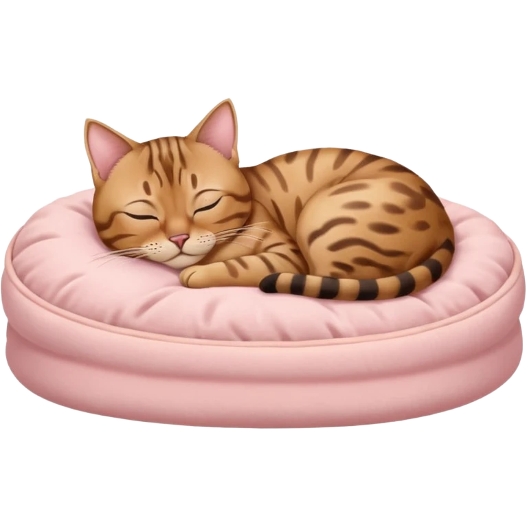 Beige bengal cat sleeping on a light pink cat bed emoji