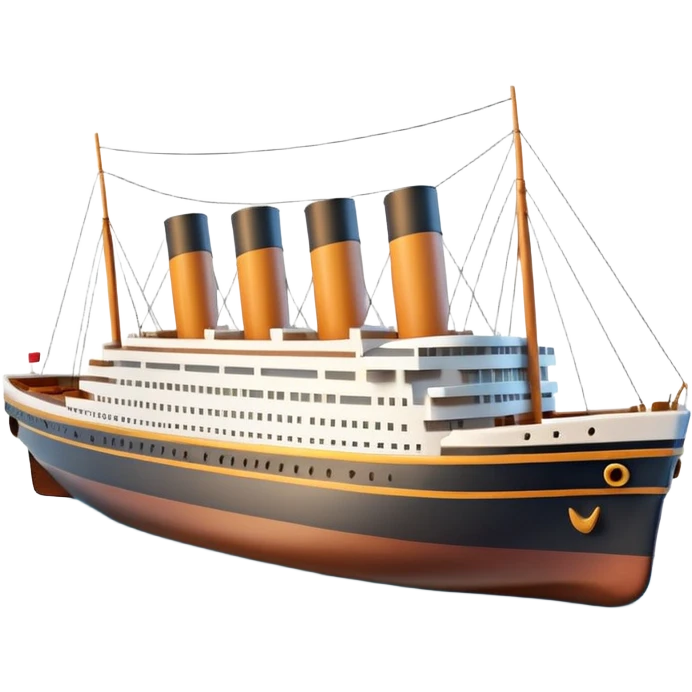 A 3D emoji of a Titanic ship in Apple style, glossy and smooth surface, bright clean colors with subtle shading, simple and minimal details, no face or expressions, floating on calm ocean, soft shadows, high-quality render, isolated on white background.


 emoji