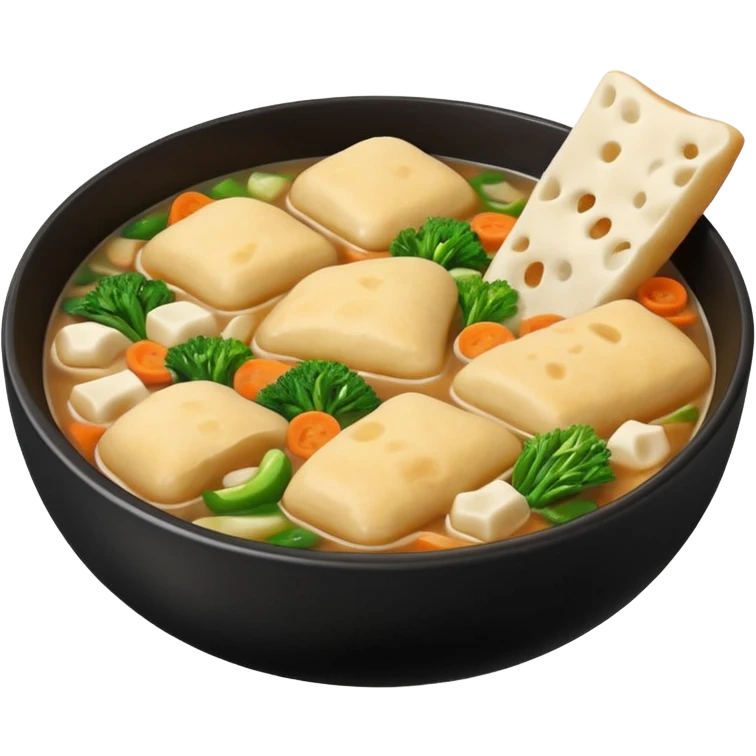 A black bowl filled with soft, uneven pieces of dough floating in a clear Korean broth, with sliced vegetables on top. Soft, flat dough pieces torn by hand into random shapes—some oval, some triangular, and some wavy—with rough, natural-looking edges. emoji