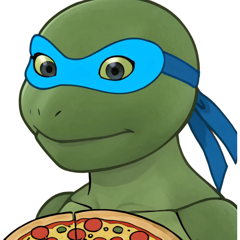 female ninja turtle wearing blue eye mask with pizza emoji
