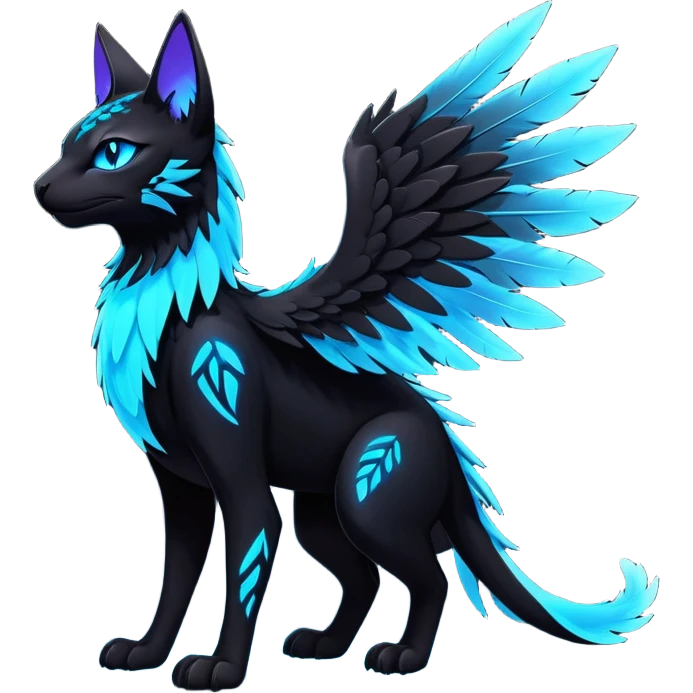 Black Dark Exotic Beaked Feathery Nocturnal Neon-glowing Abyssal Nightly Abyss-Cat-Gryphon-Salandit-Nargacuga-Silvally-Fakémon Creature (full body) emoji