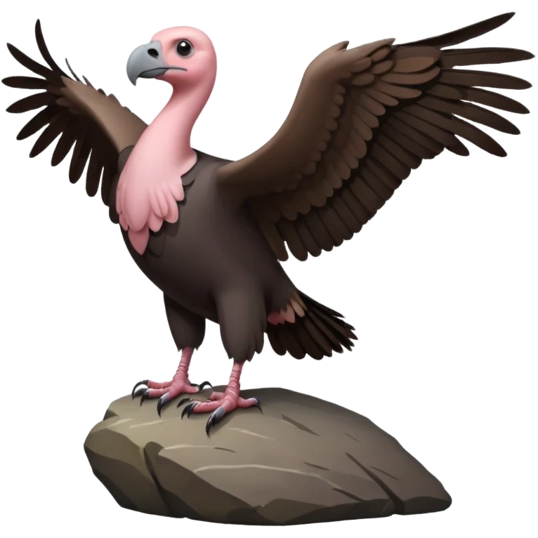 a vulture — large bird with dark brown feathers, bald pinkish head, curved beak and sharp eyes — standing proudly on a rock — wings slightly open — realistic yet cute cartoon emoji look, clean lighting, soft shadows. emoji