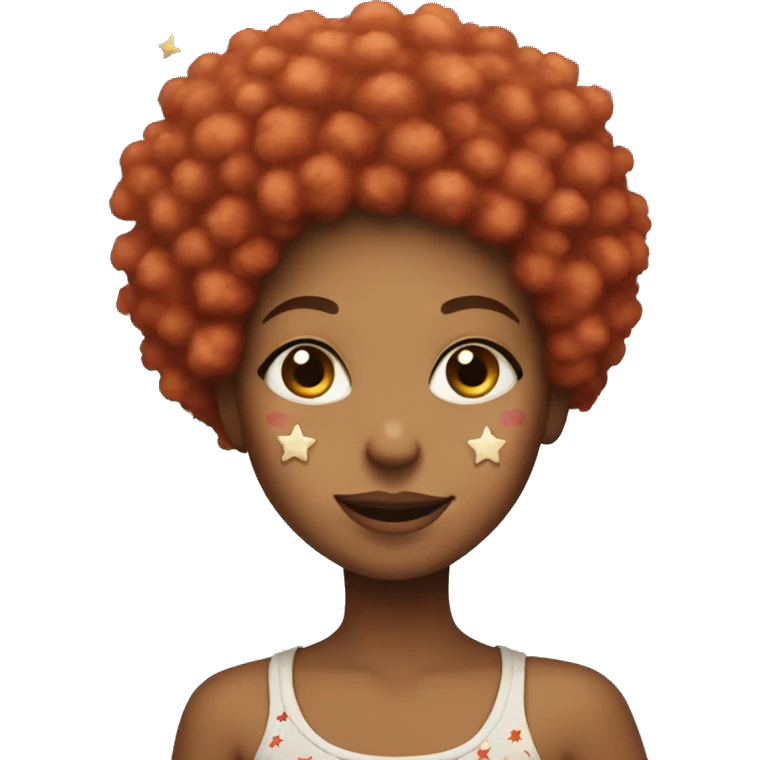 Girl with sandy red afro holding up the peace sign with stars on face emoji