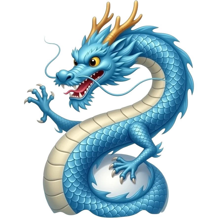 A blue Chinese serpentine dragon emerges from the sea and hovers above the surface, playing with a silver planet. emoji