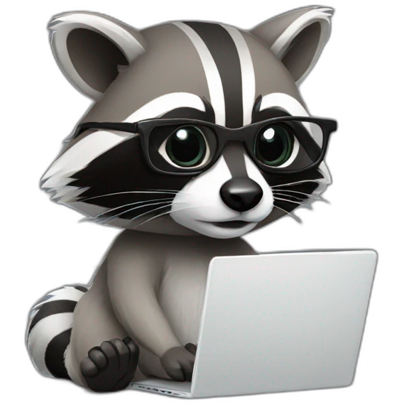 racoon wearing square glasses and white tee working on a black laptop emoji
