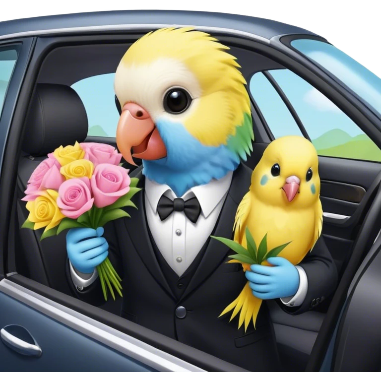 cute budgie in a car in a suit holding bouquet emoji