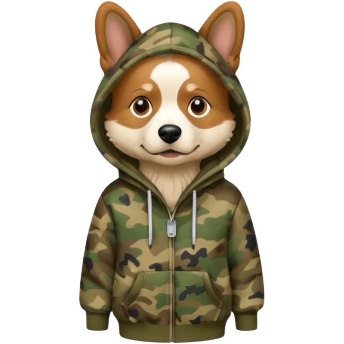 Dog wearing a camo hoodie emoji
