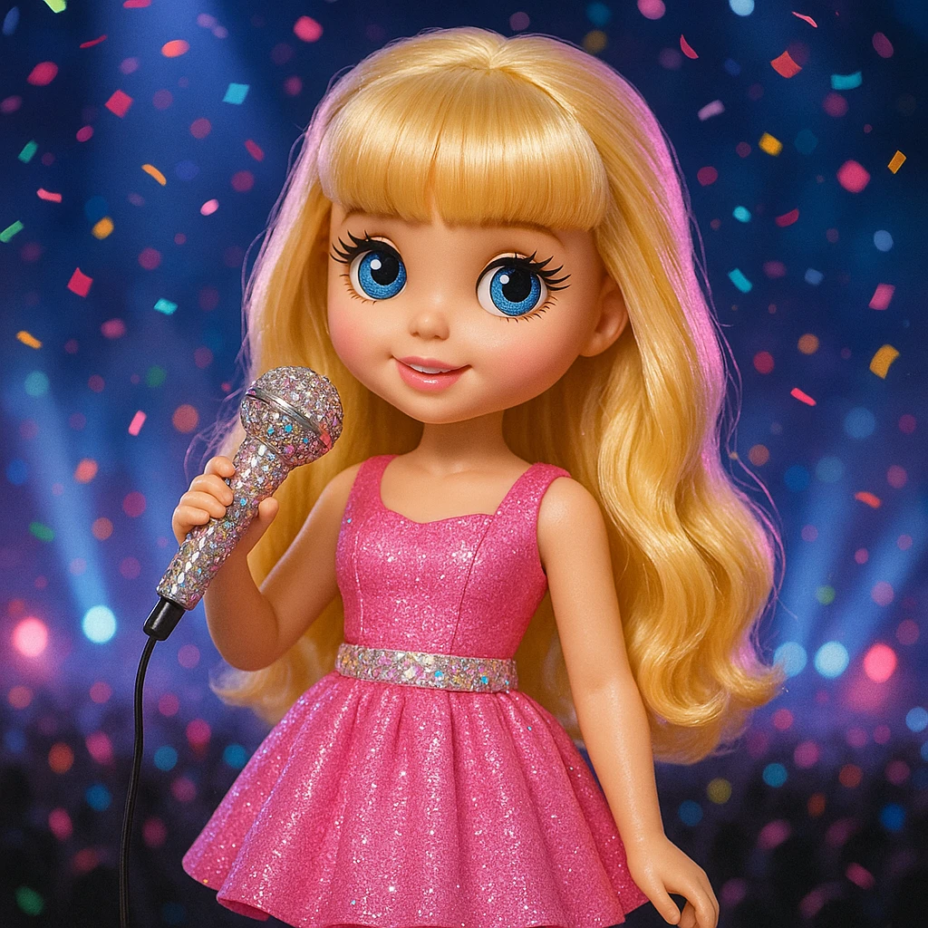 Pretty and girly Blonde pop star with bangs, holding a bedazzled microphone, reimagined as a doll, with a nighttime concert backdrop with colorful confetti emoji