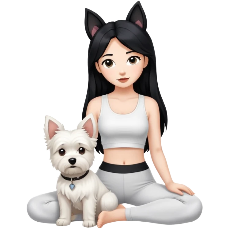 A girl with long black hair in a white crop top and black legging,she is holding a west highland terrier with big ears  emoji