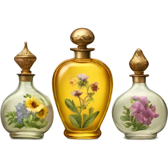 Three Antique oil perfume bottles with herbal and flowers emoji