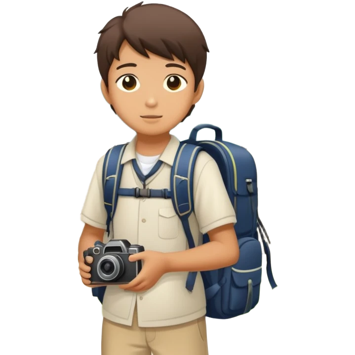 Japanese high school boy with camera and backpack during school field trip at historical site emoji
