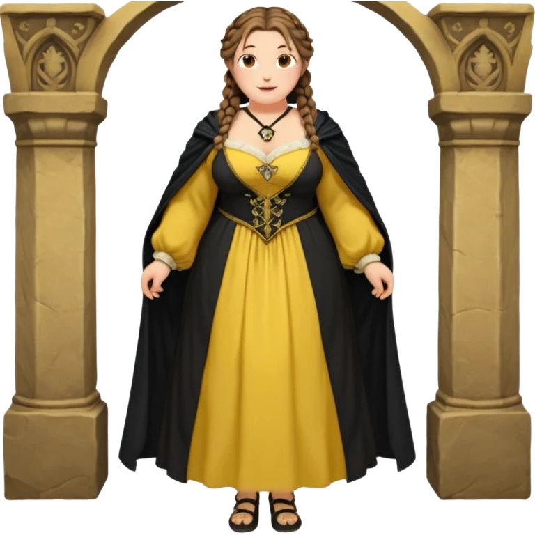 Helga Hufflepuff,brown-haired,2 braids,yellow-black medieval open dress,deep neckline,fat macromastia,black cloak decorated with gold braiding,gold cup with two handles,very kind smile,curvy busty sweet woman,round rosy cheeks,full length with medieval shoes emoji