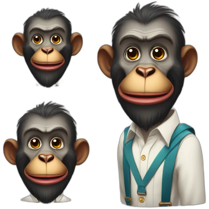Funny Mandrill with a human look bold with beard wears a shirt and Suspenders in the shirt neck a butterfly like a clown putting his index finger in his nose emoji