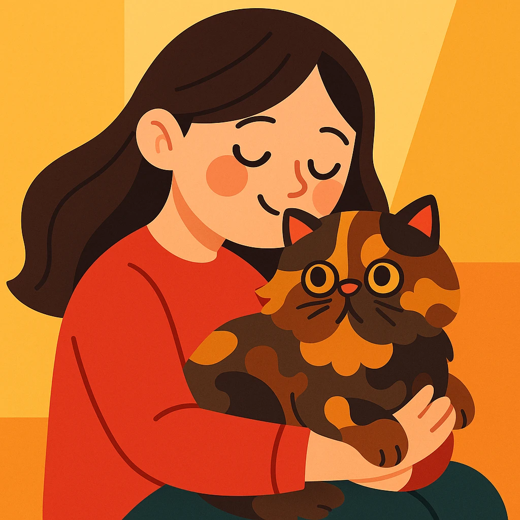 brunette girl cuddling a tortoiseshell Persian cat, cartoon style, gentle and sweet moment emoji