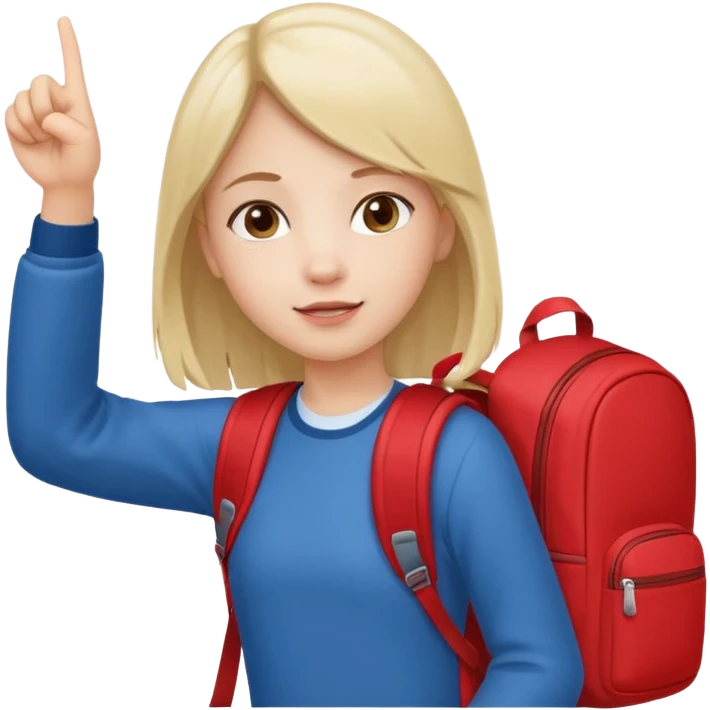 girl with red backpack pointing up to the left, simple background emoji