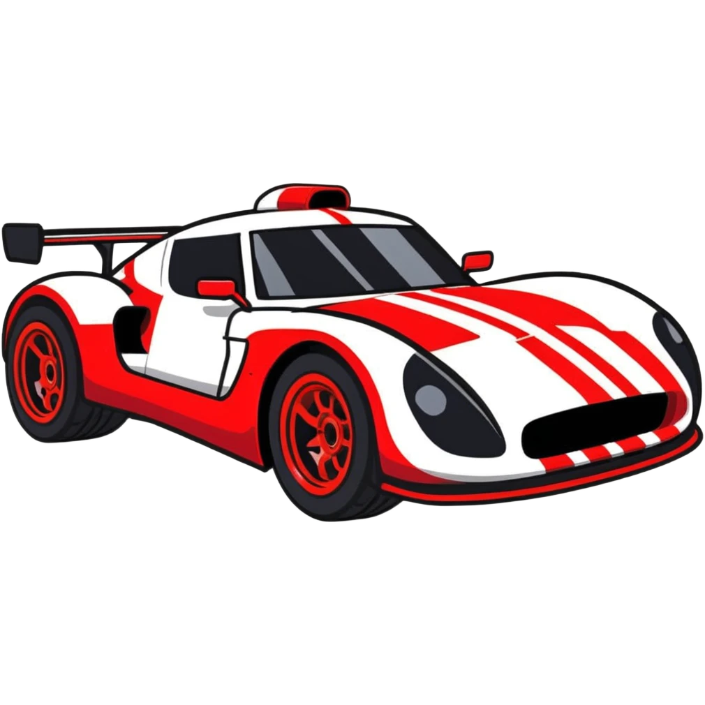 Racing car with oversized wheels and bold red stripes emoji