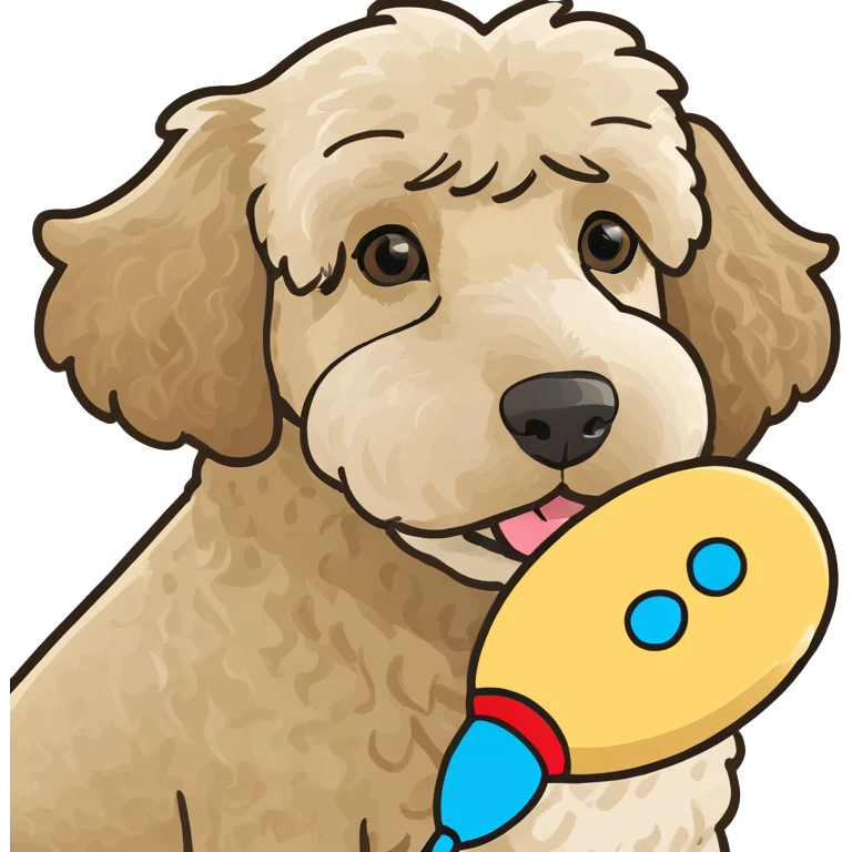 Goldendoodle with a lamb toy emoji